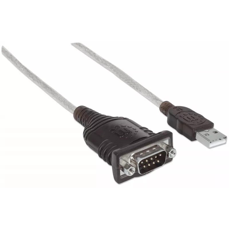 Manhattan USB-A į nuosekliosios sąsajos keitiklio laidas, 45 cm, kištukas–kištukas, nuoseklioji/RS232/COM/DB9, Prolific PL-2303HXD lustas, juodos/sidabrinės spalvos laidas, trejų metų garantija