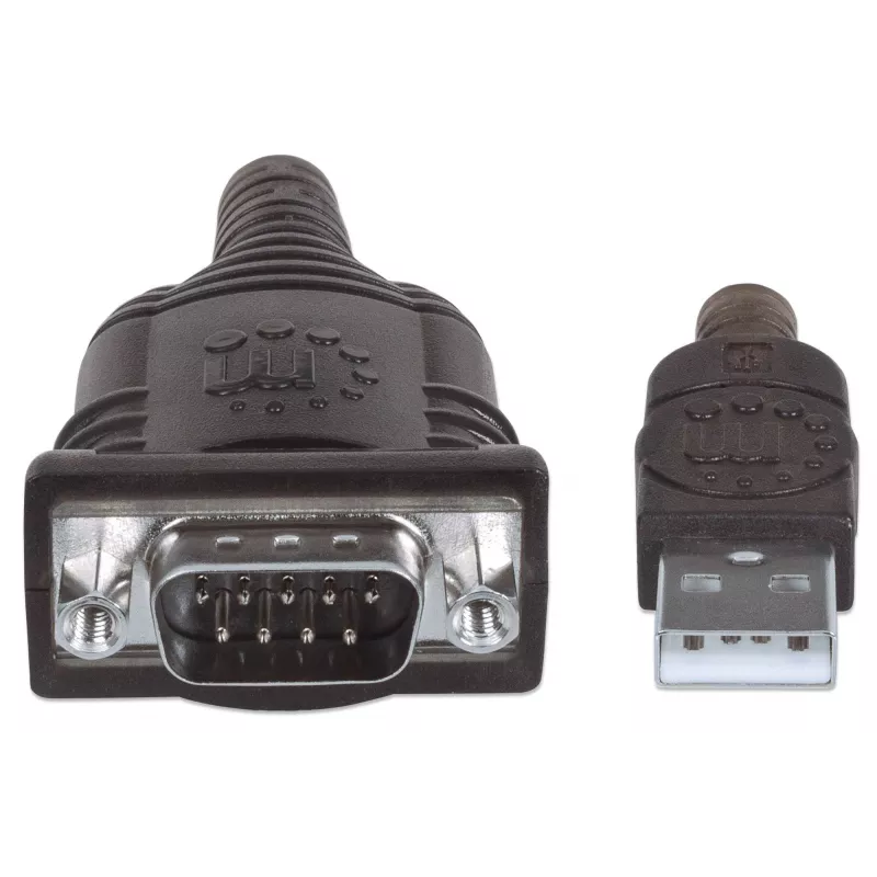 Manhattan USB-A į nuosekliosios sąsajos keitiklio laidas, 45 cm, kištukas–kištukas, nuoseklioji/RS232/COM/DB9, Prolific PL-2303HXD lustas, juodos/sidabrinės spalvos laidas, trejų metų garantija