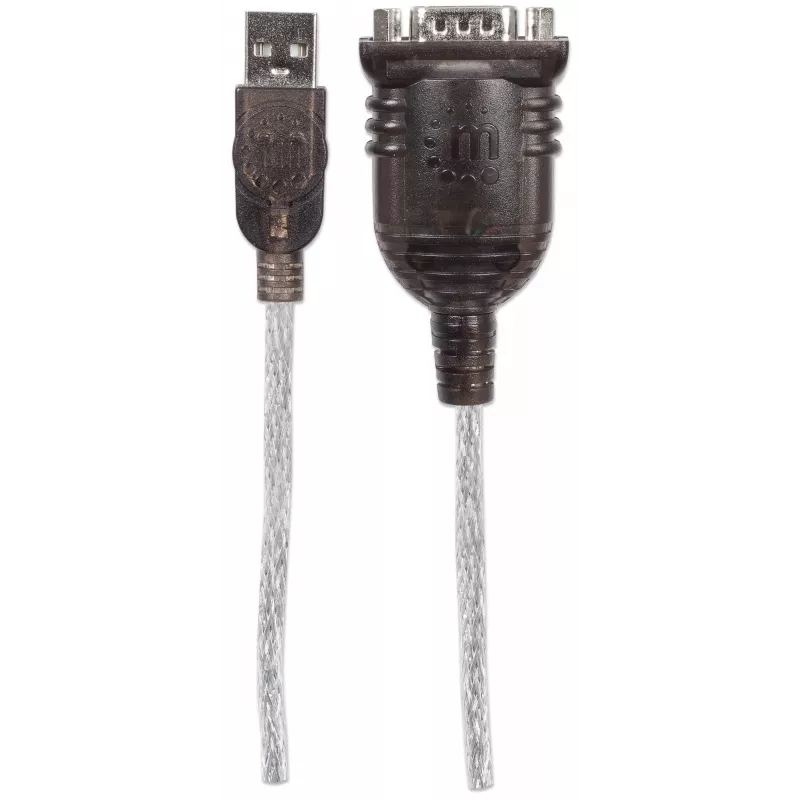 Manhattan USB-A į nuosekliosios sąsajos keitiklio laidas, 45 cm, kištukas–kištukas, nuoseklioji/RS232/COM/DB9, Prolific PL-2303HXD lustas, juodos/sidabrinės spalvos laidas, trejų metų garantija