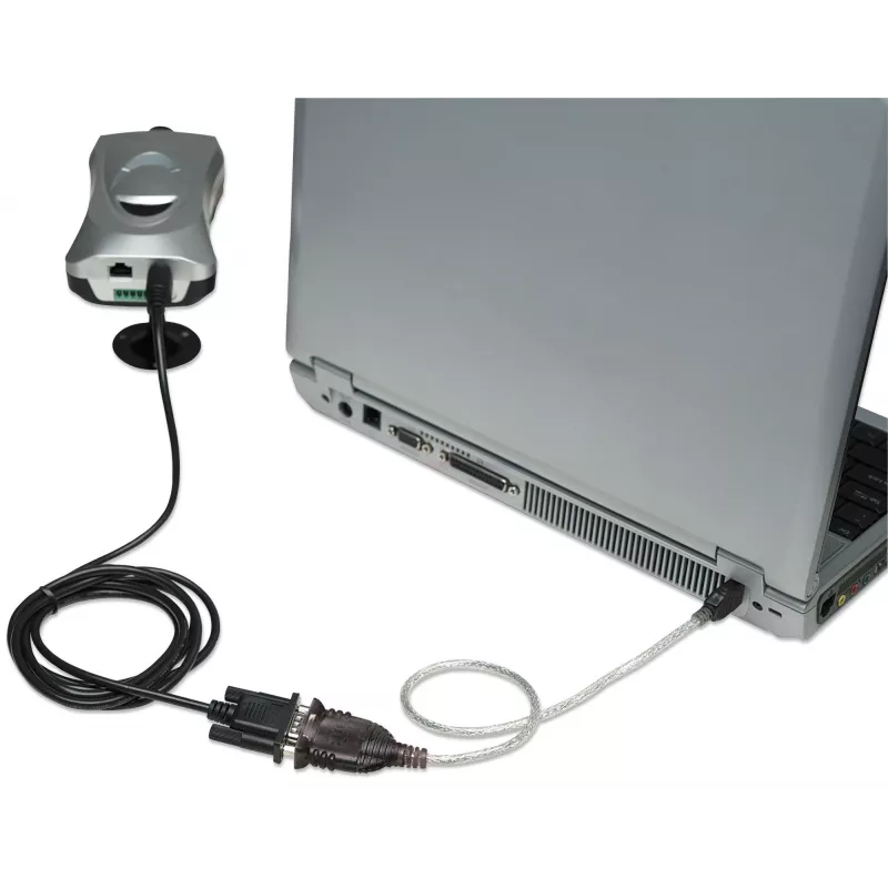 Manhattan USB-A į nuosekliosios sąsajos keitiklio laidas, 45 cm, kištukas–kištukas, nuoseklioji/RS232/COM/DB9, Prolific PL-2303HXD lustas, juodos/sidabrinės spalvos laidas, trejų metų garantija