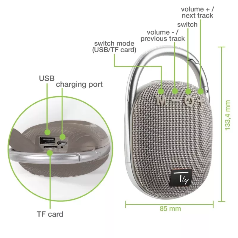 Techly ICASBL321GR nešiojama / vakarėlių kolonėlė Monofoninė nešiojama kolonėlė Pilka 5 W