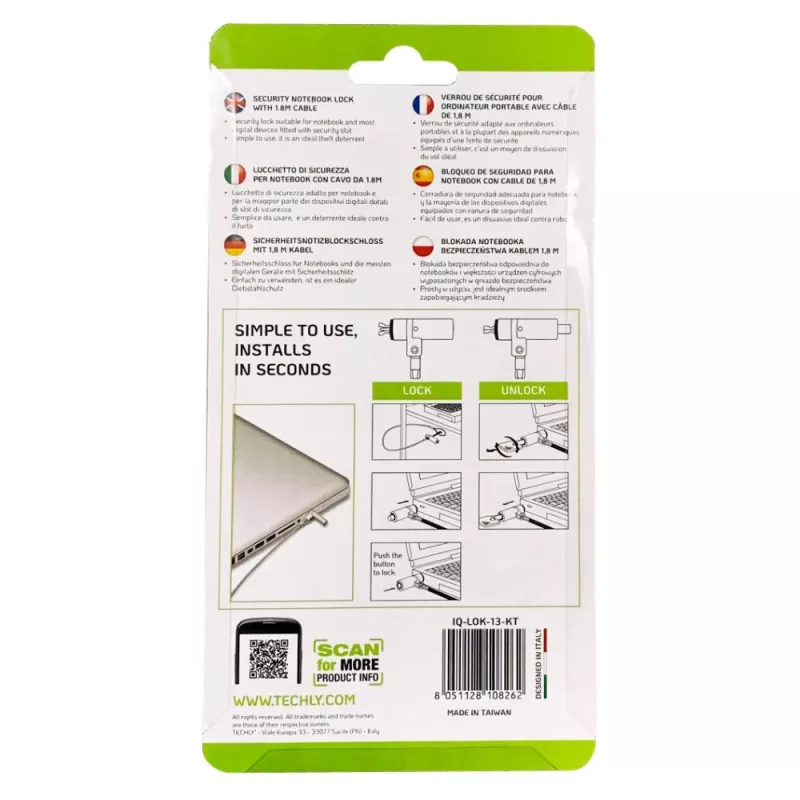 Techly Wedge-Lock apsaugos sistemos užraktas nešiojamam kompiuteriui, kabelis 1,8 m
