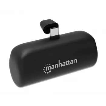 Manhattan išorinė baterija su integruota USB-C jungtimi, 5000 mAh, iki 20 W išėjimo galia, atlenkiama kojelė, skirta naudoti kaip telefono laikiklį įkrovimui, juoda, vienerių metų garantija