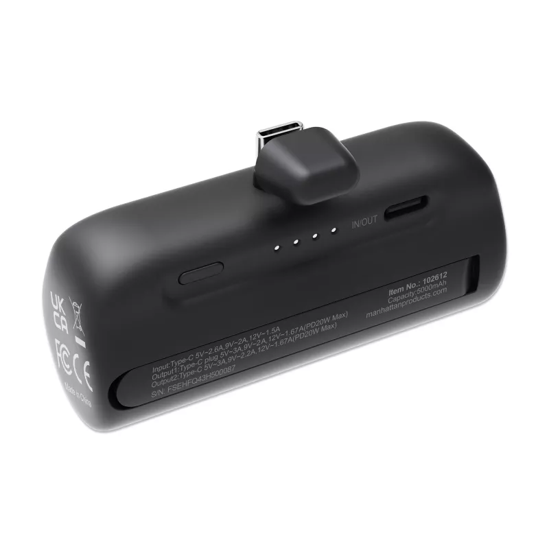 Manhattan išorinė baterija su integruota USB-C jungtimi, 5000 mAh, iki 20 W išėjimo galia, atlenkiama kojelė, skirta naudoti kaip telefono laikiklį įkrovimui, juoda, vienerių metų garantija