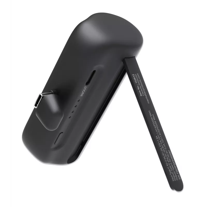 Manhattan išorinė baterija su integruota USB-C jungtimi, 5000 mAh, iki 20 W išėjimo galia, atlenkiama kojelė, skirta naudoti kaip telefono laikiklį įkrovimui, juoda, vienerių metų garantija
