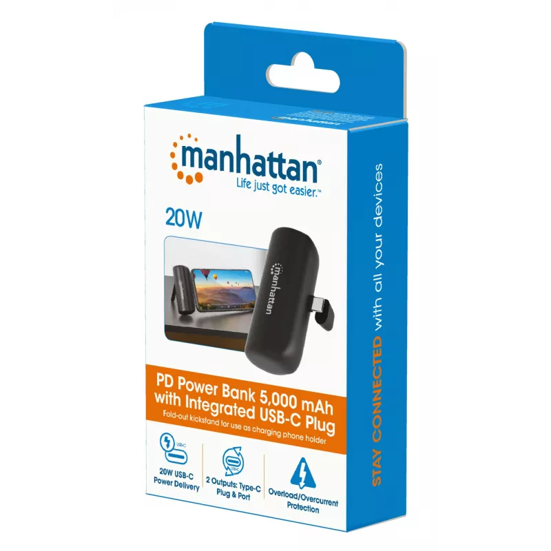 Manhattan išorinė baterija su integruota USB-C jungtimi, 5000 mAh, iki 20 W išėjimo galia, atlenkiama kojelė, skirta naudoti kaip telefono laikiklį įkrovimui, juoda, vienerių metų garantija