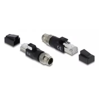 Adapter DELOCK M12 X-coded 8 kontaktų kištukas į RJ45 kištuką, auksuoti kontaktai, juodas