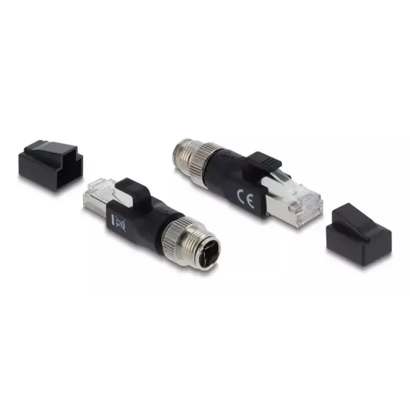 Adapter DELOCK M12 X-coded 8 kontaktų kištukas į RJ45 kištuką, auksuoti kontaktai, juodas