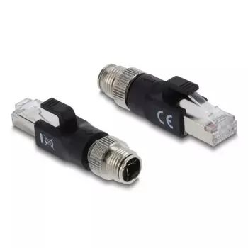 Adapter DELOCK M12 X-coded 8 kontaktų kištukas į RJ45 kištuką, auksuoti kontaktai, juodas