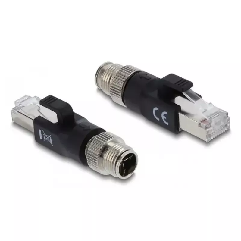 Adapter DELOCK M12 X-coded 8 kontaktų kištukas į RJ45 kištuką, auksuoti kontaktai, juodas