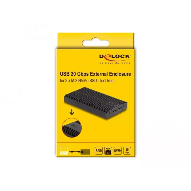 SSD dėklas DeLOCK 42022 išorinis dėklas USB 20 Gbps 2 x M.2 NVMe PCIe SSD