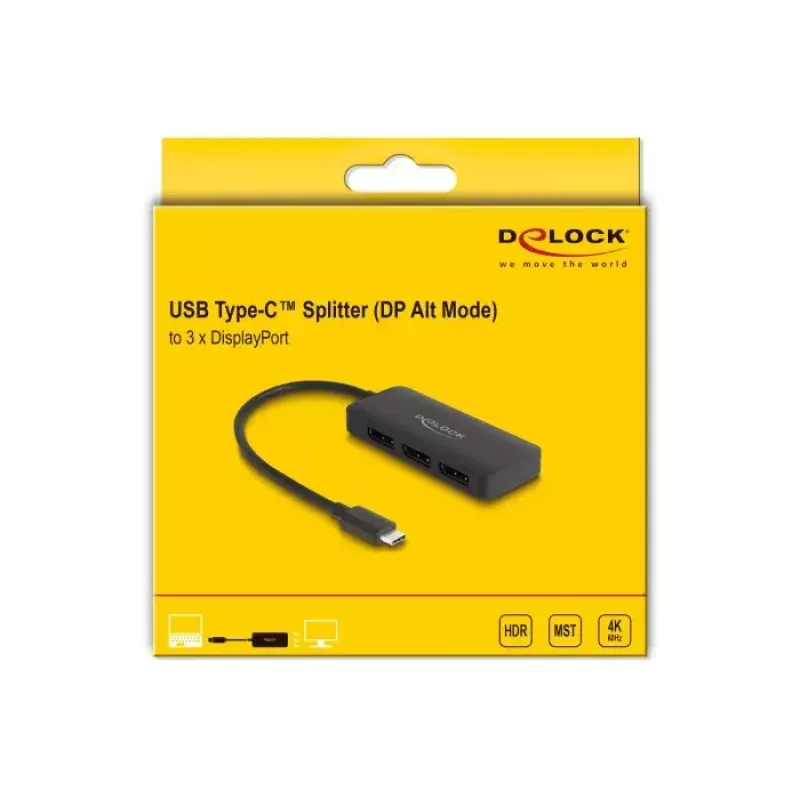 DeLOCK USB Type-C skirstytuvas DP Alt Mode į 3 x DisplayPort MST 4K 60 Hz