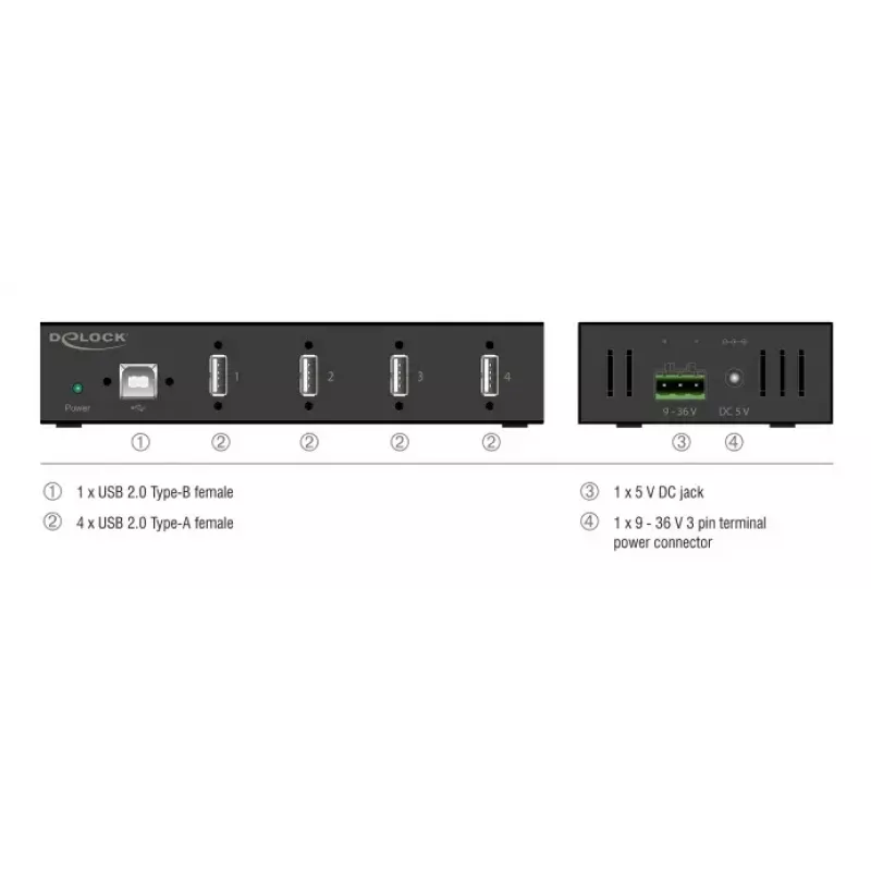 DELOCK sąsajos šakotuvas USB 2.0 Type-B į 4x USB 2.0 Type-A (480 Mbit/s), juodas, metalinis korpusas, maitinamas nuolatine srove