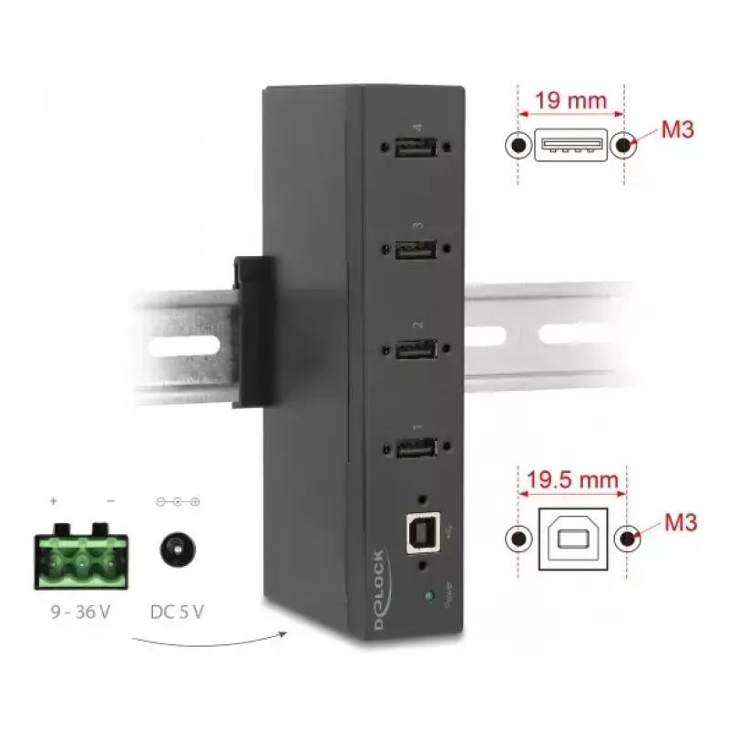 DELOCK sąsajos šakotuvas USB 2.0 Type-B į 4x USB 2.0 Type-A (480 Mbit/s), juodas, metalinis korpusas, maitinamas nuolatine srove