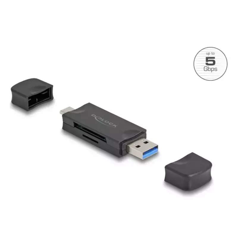 DELOCK kortelių skaitytuvas USB 5 Gbps USB Type-C / Type-A SD ir MicroSD, juodas, 5000 Mbit/s, 21×77×10 mm