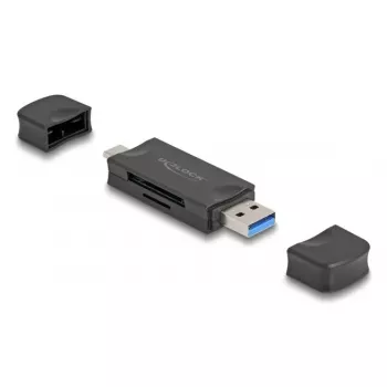 DELOCK kortelių skaitytuvas USB 5 Gbps USB Type-C / Type-A SD ir MicroSD, juodas, 5000 Mbit/s, 21×77×10 mm