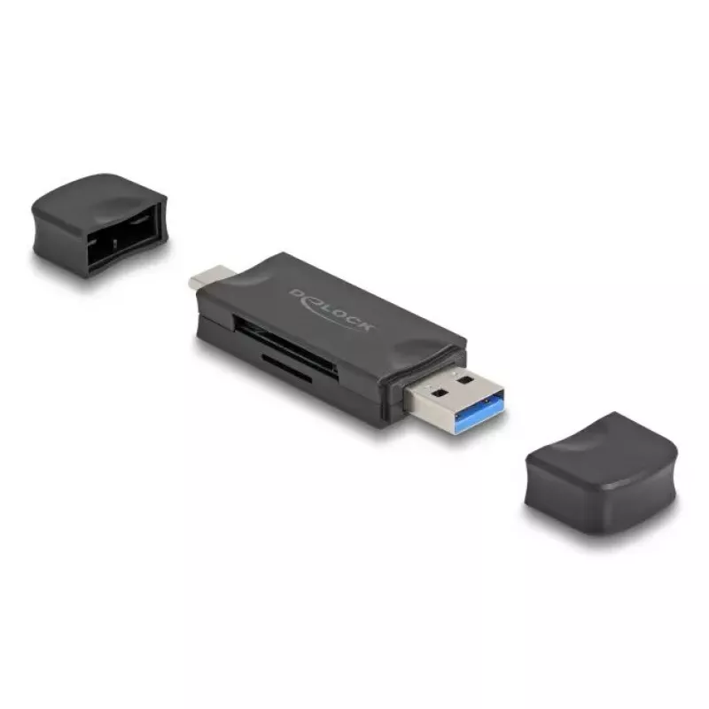 DELOCK kortelių skaitytuvas USB 5 Gbps USB Type-C / Type-A SD ir MicroSD, juodas, 5000 Mbit/s, 21×77×10 mm