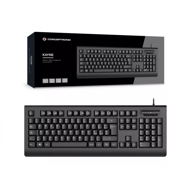 CONCEPTRONIC USB klaviatūra su išmaniuoju ID kortelių skaitytuvu KAYNE01IT - pilno dydžio 105 klavišų, itališkas išdėstymas, laidinė, 1,5 m laidas, juoda