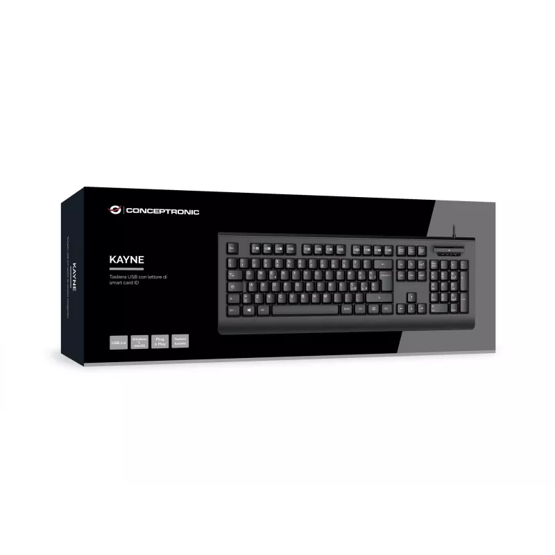 CONCEPTRONIC USB klaviatūra su išmaniuoju ID kortelių skaitytuvu KAYNE01IT - pilno dydžio 105 klavišų, itališkas išdėstymas, laidinė, 1,5 m laidas, juoda