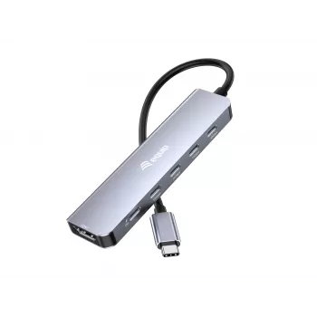 EQUIP USB-C 6‑viename daugiafunkcis adapteris — HDMI 4K/60Hz, 4× USB‑C Gen2 (10Gbps), 100W PD, 0,25 m laidas, Pilka