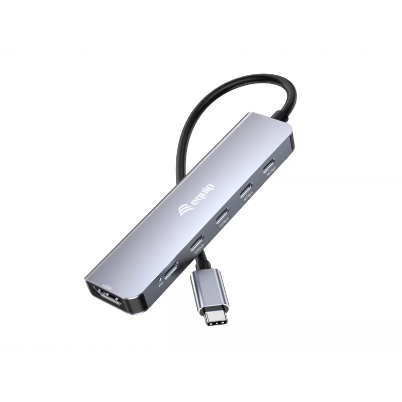 EQUIP USB-C 6‑viename daugiafunkcis adapteris — HDMI 4K/60Hz, 4× USB‑C Gen2 (10Gbps), 100W PD, 0,25 m laidas, Pilka