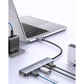EQUIP USB-C 6‑viename daugiafunkcis adapteris — HDMI 4K/60Hz, 4× USB‑C Gen2 (10Gbps), 100W PD, 0,25 m laidas, Pilka