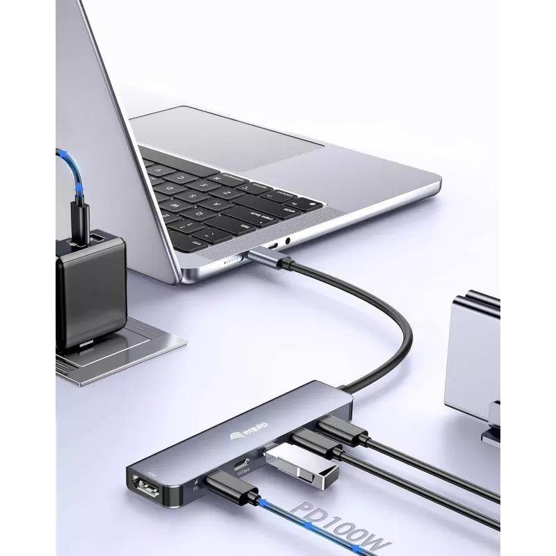 EQUIP USB-C 6‑viename daugiafunkcis adapteris — HDMI 4K/60Hz, 4× USB‑C Gen2 (10Gbps), 100W PD, 0,25 m laidas, Pilka