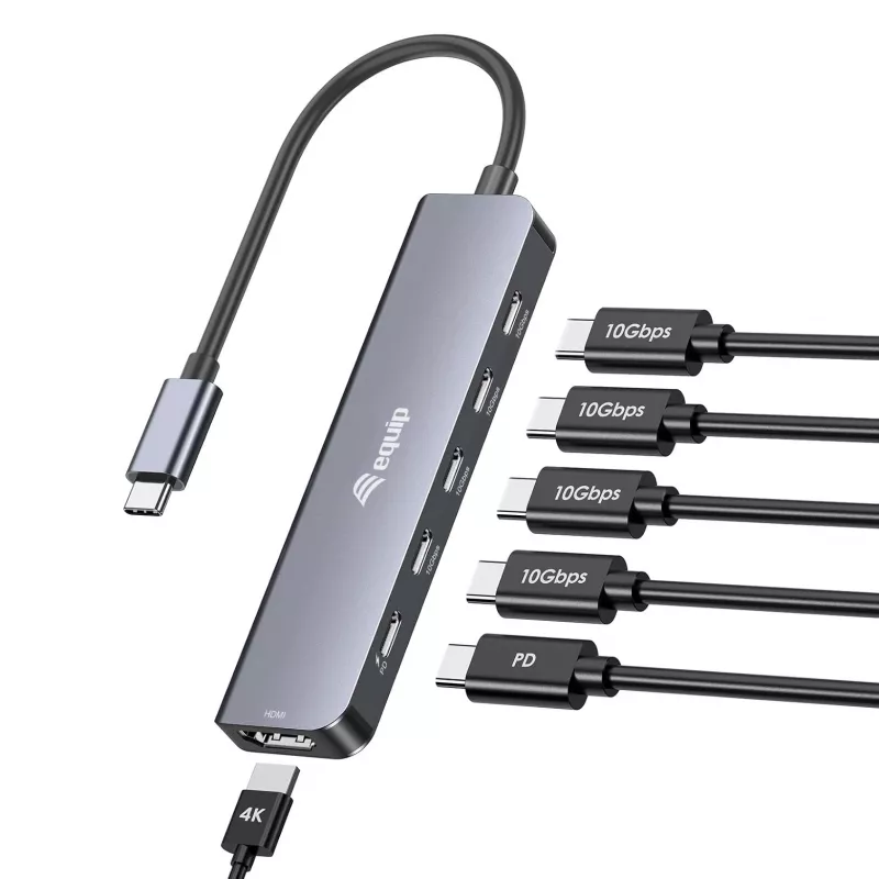 EQUIP USB-C 6‑viename daugiafunkcis adapteris — HDMI 4K/60Hz, 4× USB‑C Gen2 (10Gbps), 100W PD, 0,25 m laidas, Pilka