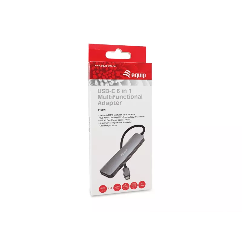 EQUIP USB-C 6‑viename daugiafunkcis adapteris — HDMI 4K/60Hz, 4× USB‑C Gen2 (10Gbps), 100W PD, 0,25 m laidas, Pilka