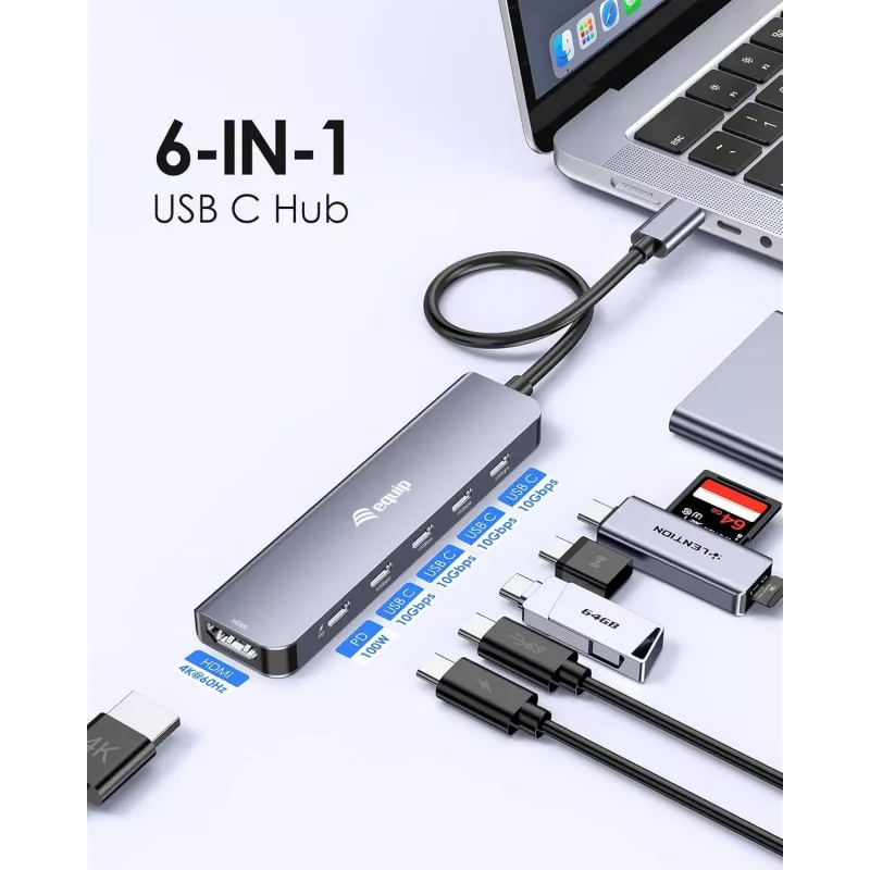 EQUIP USB-C 6‑viename daugiafunkcis adapteris — HDMI 4K/60Hz, 4× USB‑C Gen2 (10Gbps), 100W PD, 0,25 m laidas, Pilka