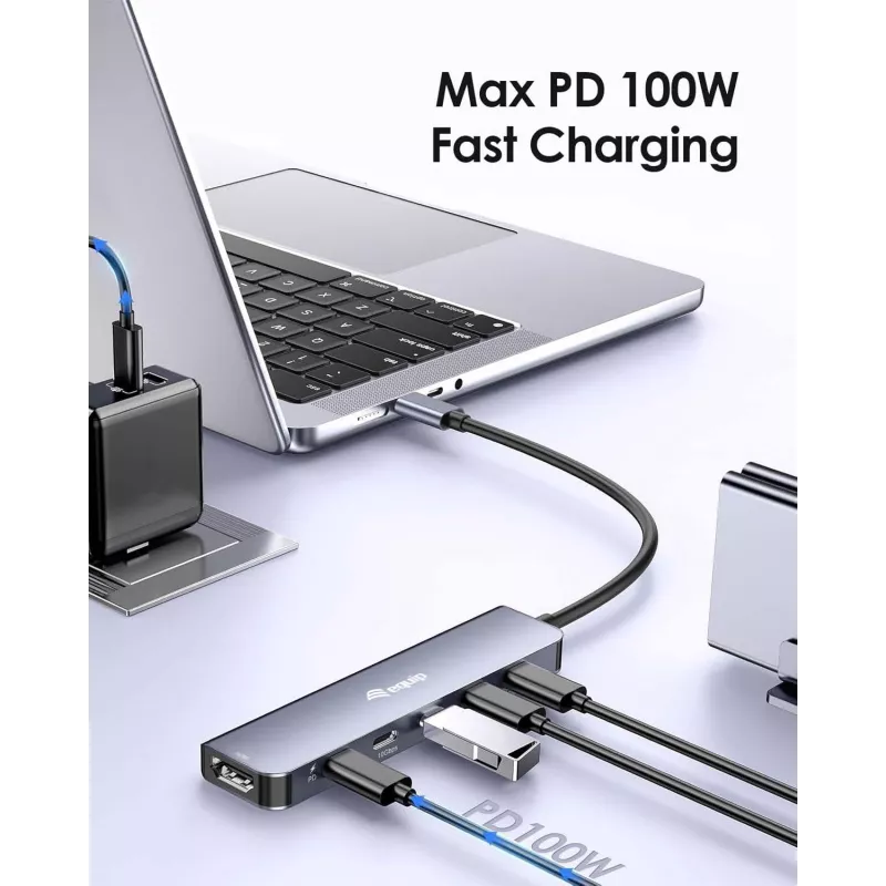 EQUIP USB-C 6‑viename daugiafunkcis adapteris — HDMI 4K/60Hz, 4× USB‑C Gen2 (10Gbps), 100W PD, 0,25 m laidas, Pilka