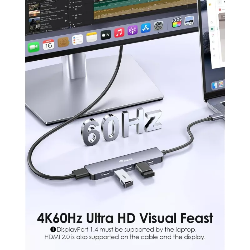 EQUIP USB-C 6‑viename daugiafunkcis adapteris — HDMI 4K/60Hz, 4× USB‑C Gen2 (10Gbps), 100W PD, 0,25 m laidas, Pilka
