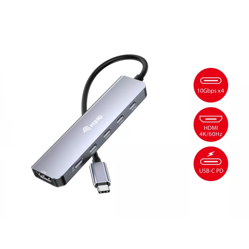 EQUIP USB-C 6‑viename daugiafunkcis adapteris — HDMI 4K/60Hz, 4× USB‑C Gen2 (10Gbps), 100W PD, 0,25 m laidas, Pilka