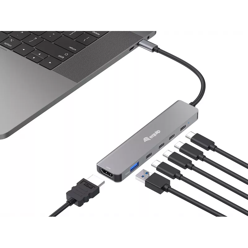 Equip USB-C 6 viename daugiafunkcis adapteris, HDMI 4K/30Hz, USB-C x 4, USB-A x 1, 5Gbps, 100W USB PD