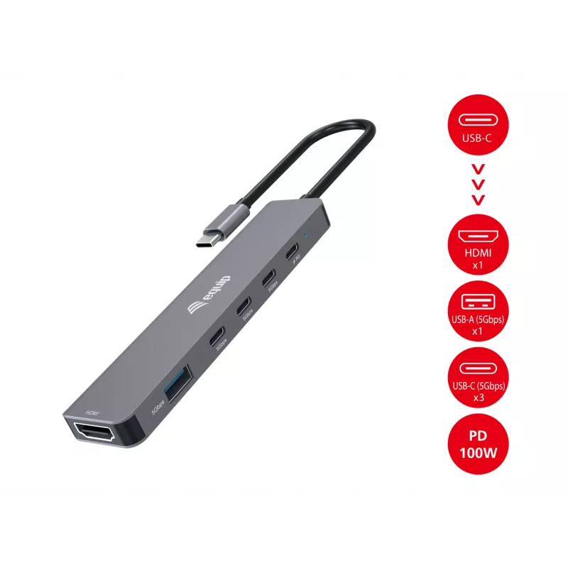 Equip USB-C 6 viename daugiafunkcis adapteris, HDMI 4K/30Hz, USB-C x 4, USB-A x 1, 5Gbps, 100W USB PD