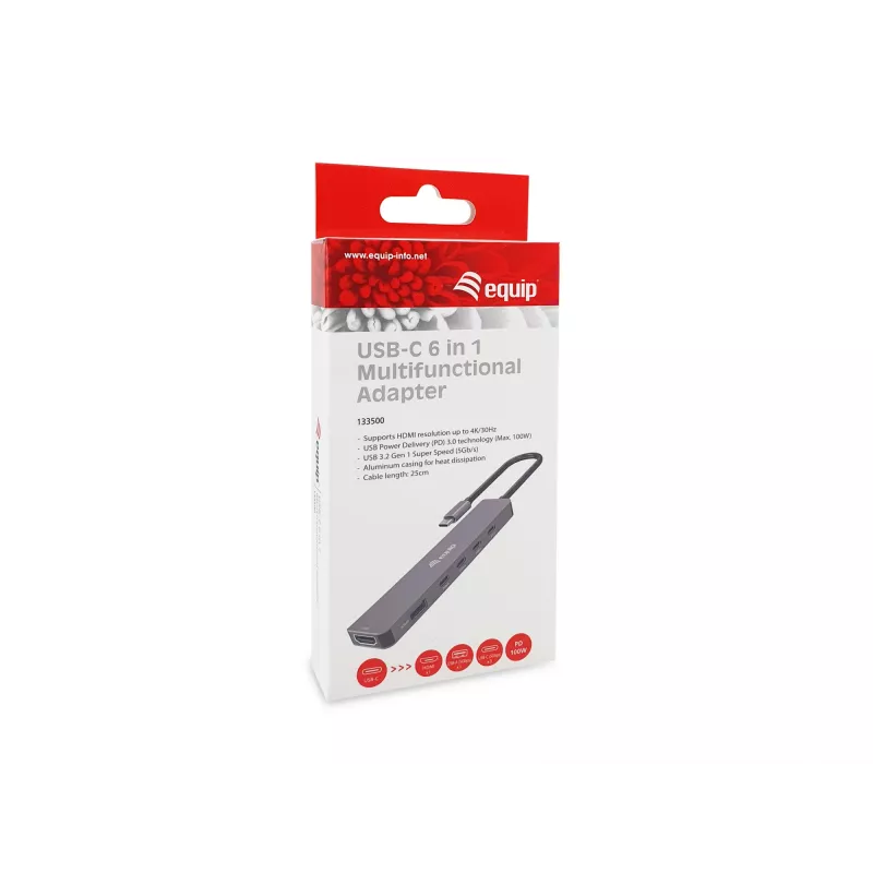 Equip USB-C 6 viename daugiafunkcis adapteris, HDMI 4K/30Hz, USB-C x 4, USB-A x 1, 5Gbps, 100W USB PD
