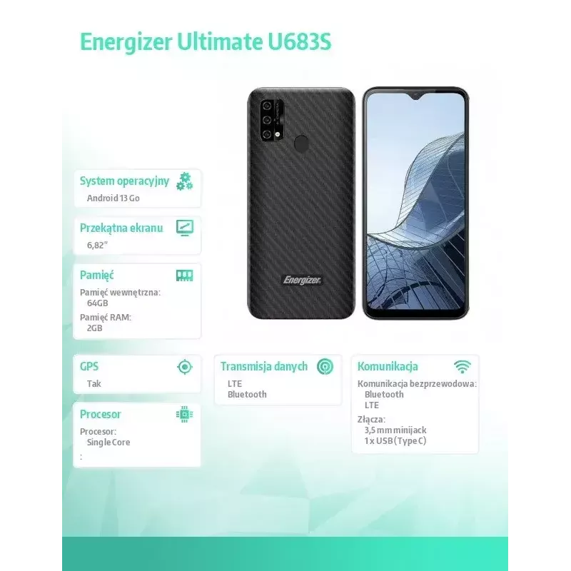 Išmanusis telefonas „Energizer U683SEU“, 6,82 colio ekranas, 2 GB RAM, 64 GB, juodas