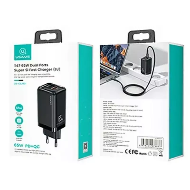 Įkroviklis usams T47 USB / USB-C 65W PD greitasis įkrovimas — 65W USB Power Delivery, USB-A + USB-C prievadai