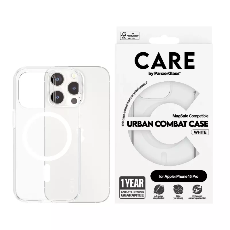 PanzerGlass CARE™ by ® Urban Combat dėklas, permatomas su balta MagSafe, skirtas iPhone 15 Pro