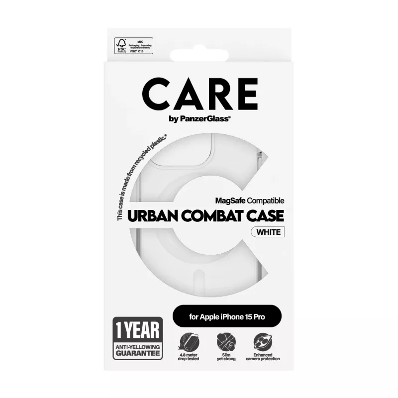 PanzerGlass CARE™ by ® Urban Combat dėklas, permatomas su balta MagSafe, skirtas iPhone 15 Pro
