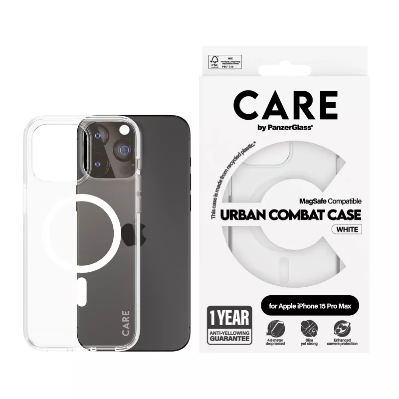 PanzerGlass CARE™ by ® Urban Combat Case Transparent w. White MagSafe iPhone 15 Pro Max