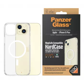 Apsauginis dėklas HardCase MagSafe PanzerGlass, skirtas iPhone 15 Plus – permatomas, pagamintas iš perdirbto plastiko, tinka 6,69 colio ekranui