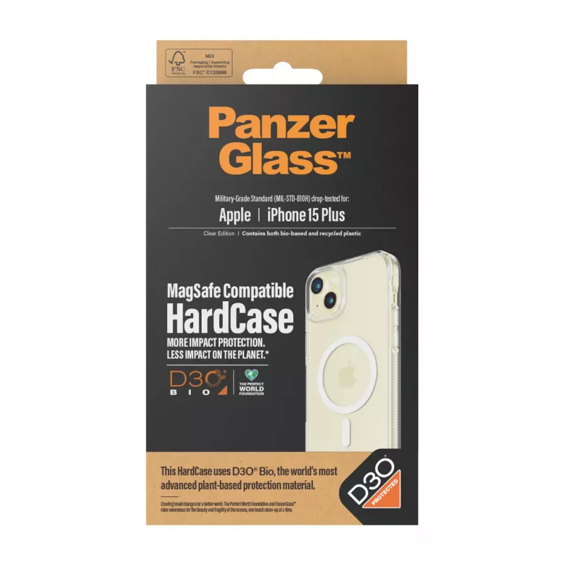 Apsauginis dėklas HardCase MagSafe PanzerGlass, skirtas iPhone 15 Plus – permatomas, pagamintas iš perdirbto plastiko, tinka 6,69 colio ekranui