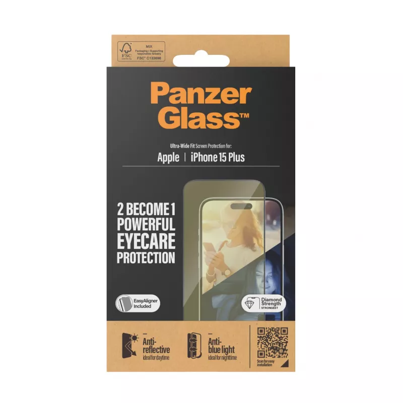 Tempered Glass Screen Protector PanzerGlass Eyecare for iPhone 15 Plus — Ultra-Wide Fit, Shock Resistant, Dry Application