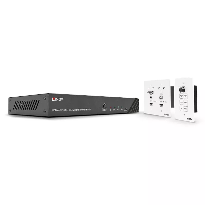 Lindy HDBaseT pristatymo sistema su valdymo klaviatūra, 3840 x 2160 pikselių, AV siųstuvas ir imtuvas, 70 m, laidinis, juoda, balta, HDCP