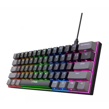 Trust GXT 867 Acira klaviatūra, žaidimų, USB, QWERTZ, vokiška, juoda, pilka, 60%, mechaninė, RGB