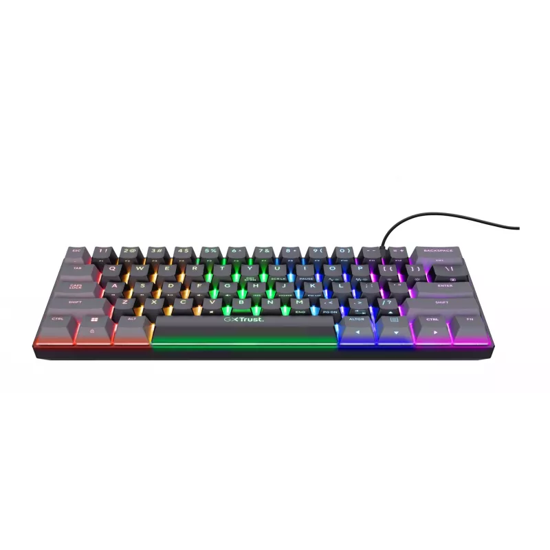 Trust GXT 867 Acira klaviatūra, žaidimų, USB, QWERTZ, vokiška, juoda, pilka, 60%, mechaninė, RGB