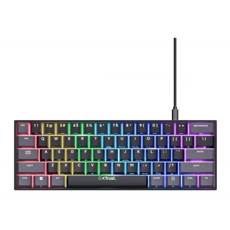 Trust GXT 867 Acira klaviatūra, žaidimų, USB, QWERTZ, vokiška, juoda, pilka, 60%, mechaninė, RGB