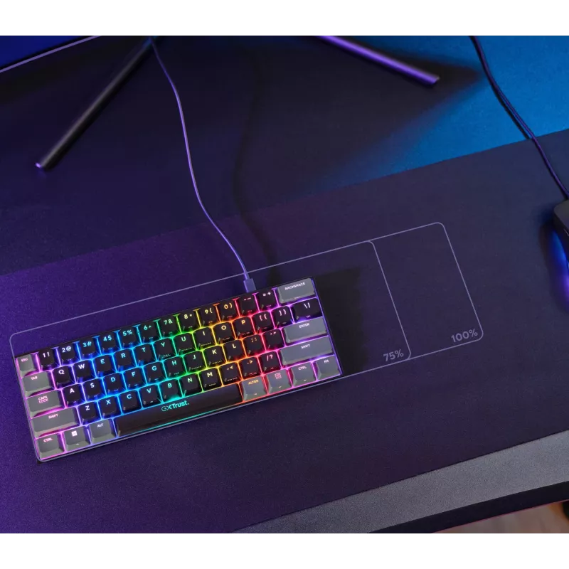 Trust GXT 867 Acira klaviatūra, žaidimų, USB, QWERTZ, vokiška, juoda, pilka, 60%, mechaninė, RGB