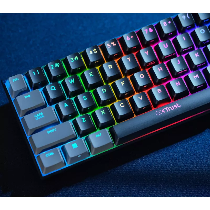 Trust GXT 867 Acira klaviatūra, žaidimų, USB, QWERTZ, vokiška, juoda, pilka, 60%, mechaninė, RGB